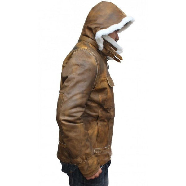 Men's Distressed Brown Bomber Leather Jacket with Hood