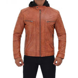 Men Tan Hooded Leather Jacket - Leather Jacket