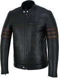 Men Genuine Sheep Leather Jacket With Brown Stripes In Black