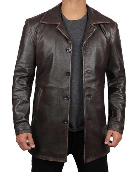 Men Long Coat Genuine Sheep Skin Leather Jacket In Botton Style ...