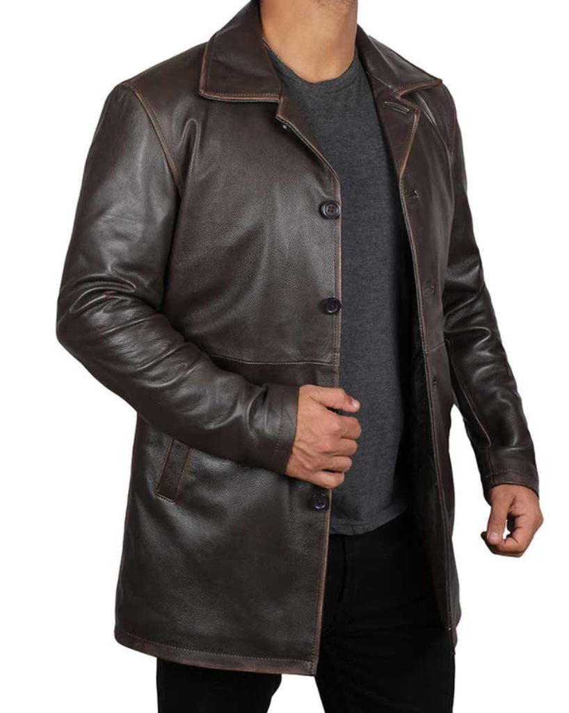 Men Long Coat Genuine Sheep Skin Leather Jacket In Botton Style ...